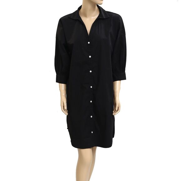 Kerri Rosenthal Buttondown 3/4 Sleeve Mini Shirt Dress Black Cotton L New 282484